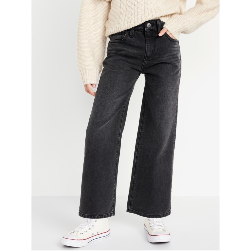 Old Navy Girls High Waisted Baggy Wide Leg Jeans Black Wash Built-In Tough Denim